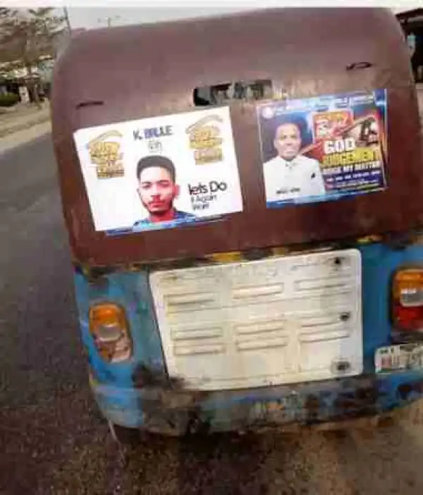 BBNaija: Poster Of Contestant, K.Brule Spotted On Keke In Warri (Photo)